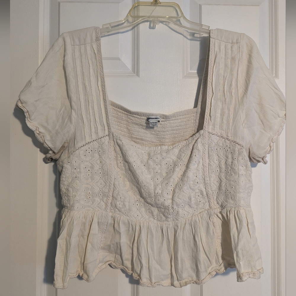 American Eagle Outfitters Cream Eyelet Square-Neck Peasant Top